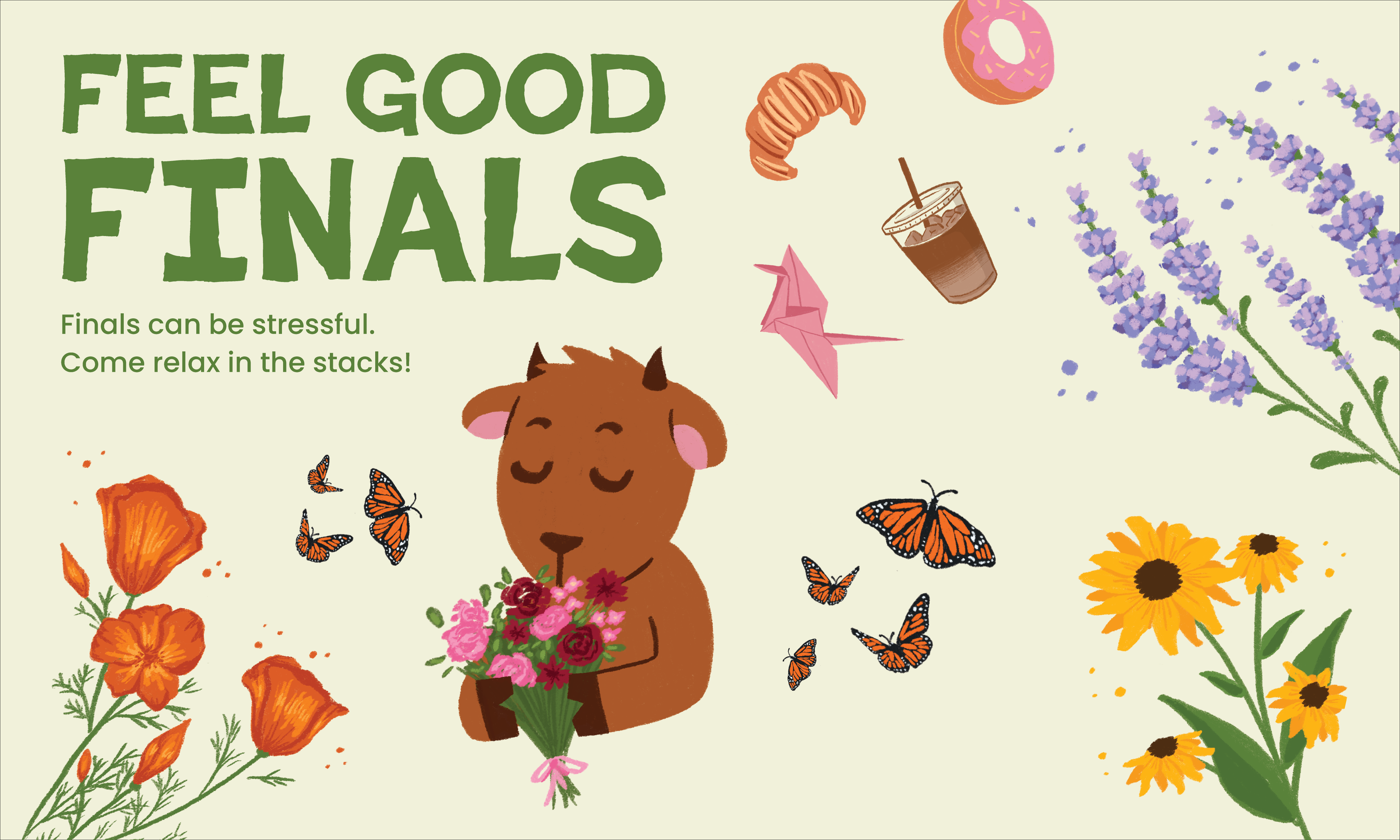 Illustrations of goat, butterflies, flowers, and cafe snacks